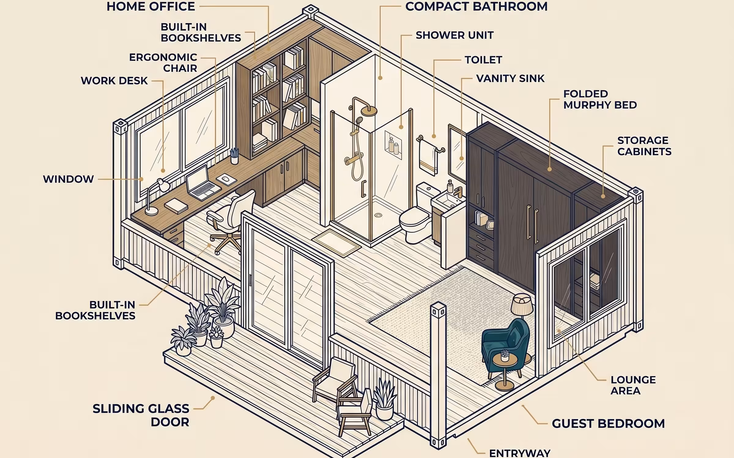 Workshop + Office (Dual Use) floor plan inside a shipping container conversion for Aurora, Colorado builds