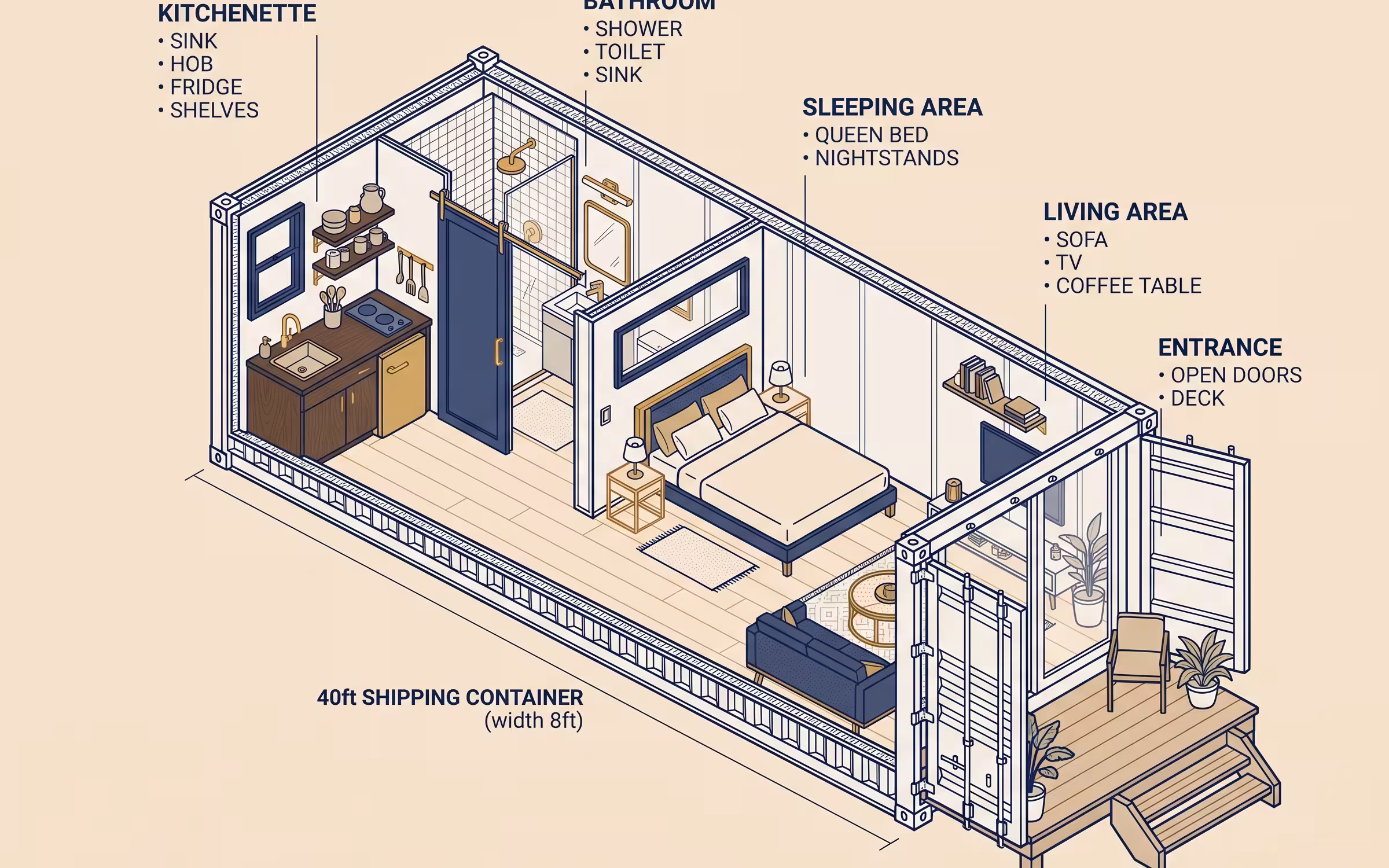 Open Studio floor plan inside a shipping container conversion for Aurora, Colorado builds